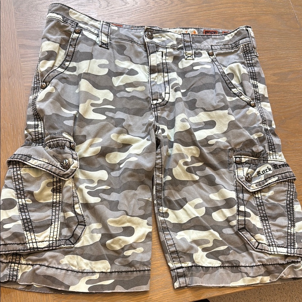 Rock Revival Gray and Tan Cargo Shorts with Camouflage Design